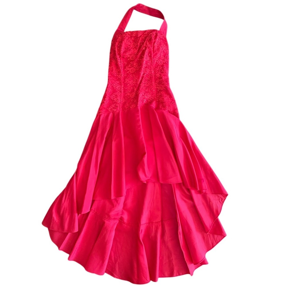 1980s Prom‎ Red Glitter Lace High Low Halter Formal Gown with Back Bow Detail